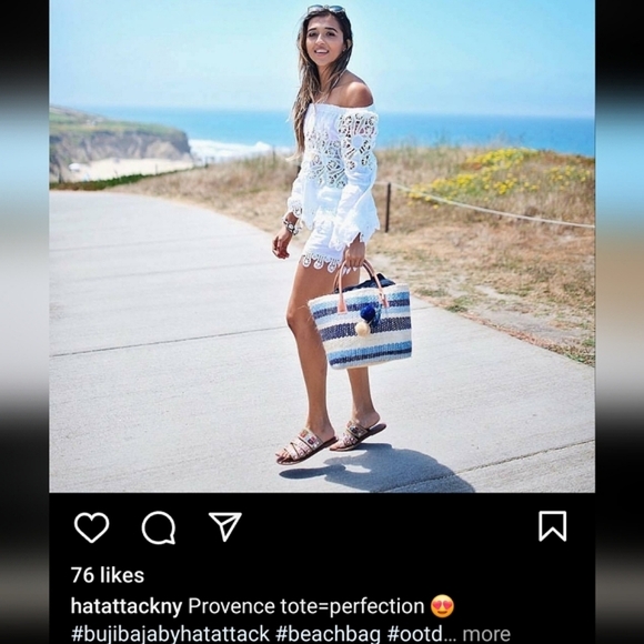 NWT BujiBaha by Hat Attack Straw Small Provence Tote Blues Stripes - Picture 3 of 9